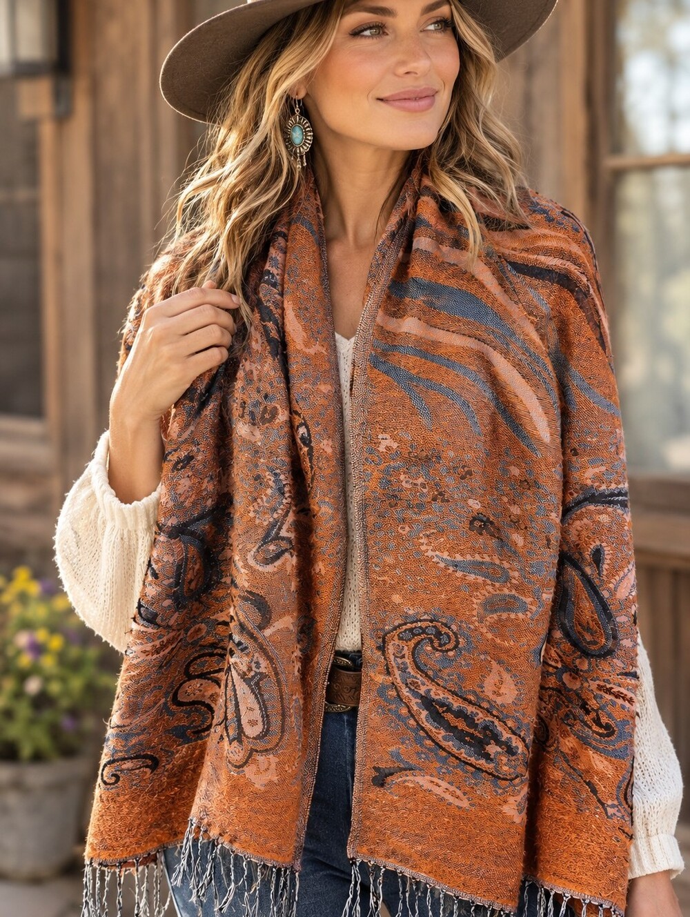 Pashmina Scarf Reverseable Orange & Rust Shades & Blue & Grays. Super Soft